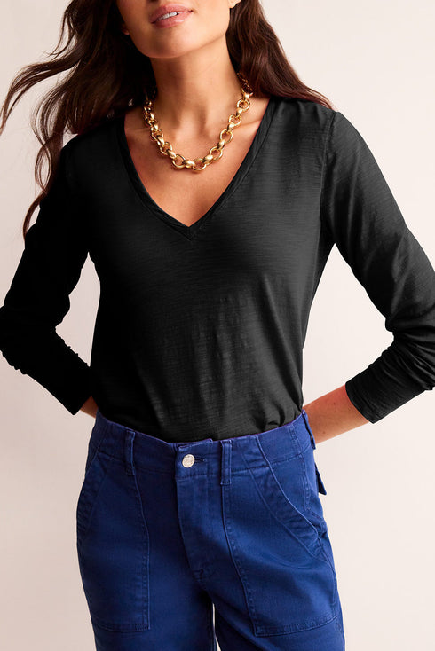 V-Neck Long Sleeve Relaxed Fit Pullover Top